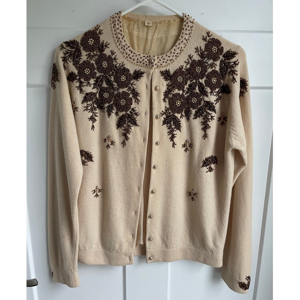 Vtg 1950s Hand Beaded Cardigan Cream Floral Bronze Glass Bead Sweater Lined 40 - Picture 1 of 14